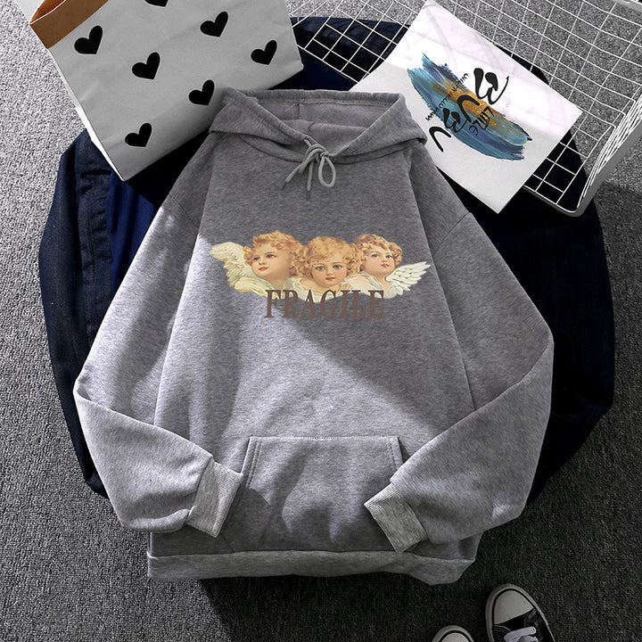 Damen nan leichter Oversize Kapuzenpullover mit Herz‑EKG‑Motiv, langen Kordeln und elastischem Bund Drune