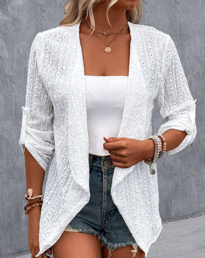 Damen nan leichter Ajourstrick-Blazer mit Wasserfallfront und krempelbaren Ärmeln Drune