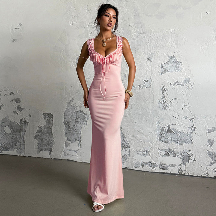 Damen figurbetontes Maxikleid mit Rüschendetails und tiefem Ausschnitt Drune