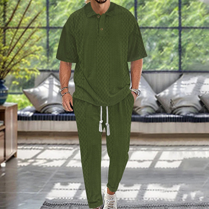 Herren gestricktes Freizeit-Set mit Polokragen und Tunnelzug-Jogginghose Drune