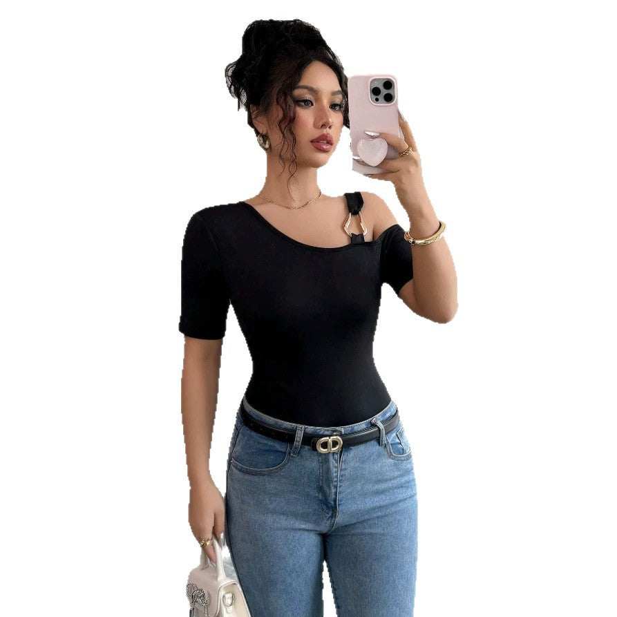 Damen eleganter Body mit asymmetrischem Ausschnitt und kurzärmeliger Gestaltung Drune