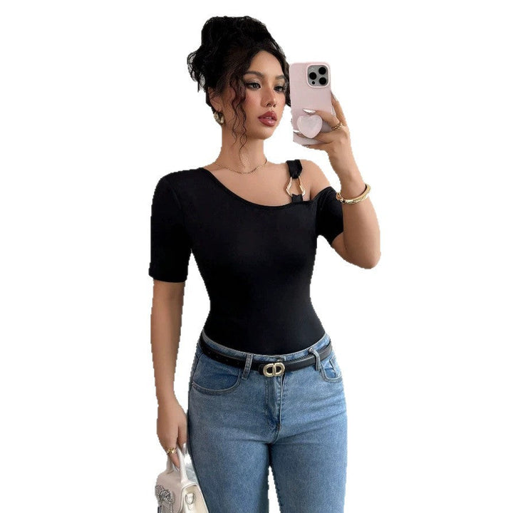 Damen eleganter Body mit asymmetrischem Ausschnitt und kurzärmeliger Gestaltung Drune