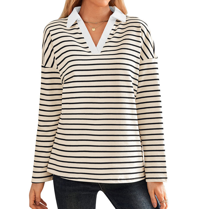 Damen gestreiftes Polo-Shirt mit V-Ausschnitt und kontrastierendem Kragen Drune