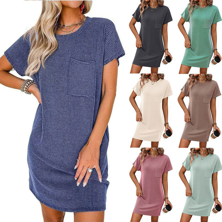 Damen lässiges Kurzarm-Kleid mit gestreiftem Design und praktischer Tasche Drune