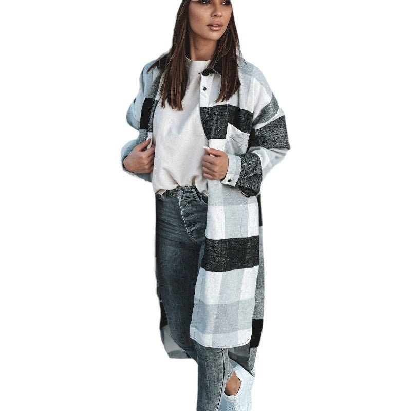 Damen Langer Karo-Wintermantel mit knöpfbarem Design und lockerer Passform Drune
