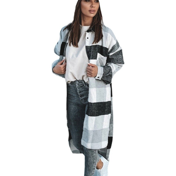 Damen Langer Karo-Wintermantel mit knöpfbarem Design und lockerer Passform Drune