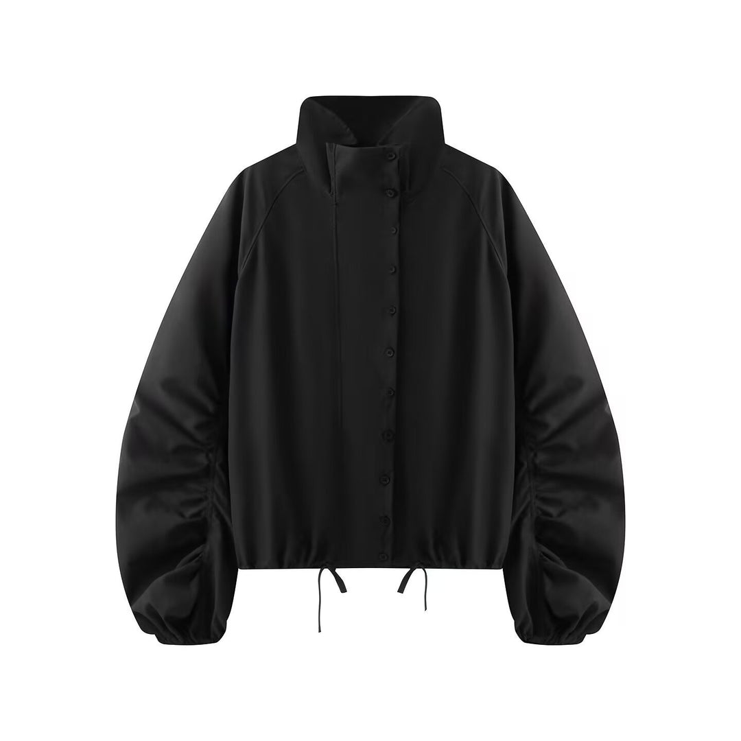 Damen Übergangsjacke mit weitem Ballonärmeln, Stehkragen und Tunnelzug Drune