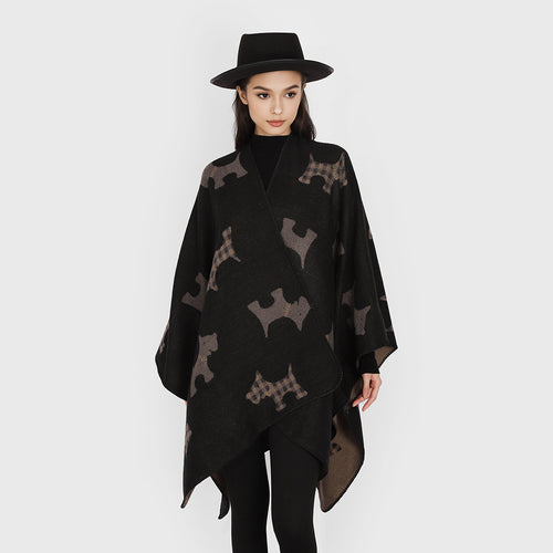 Damen Oversize-Poncho mit jacquardgewebtem Terrier‑Motiv und kontrastiertem Innenfutter Drune