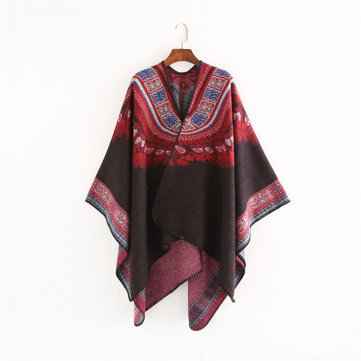 Damen Oversize-Poncho im Ethno-Jacquard mit V-Ausschnitt und strukturiertem Saum Drune