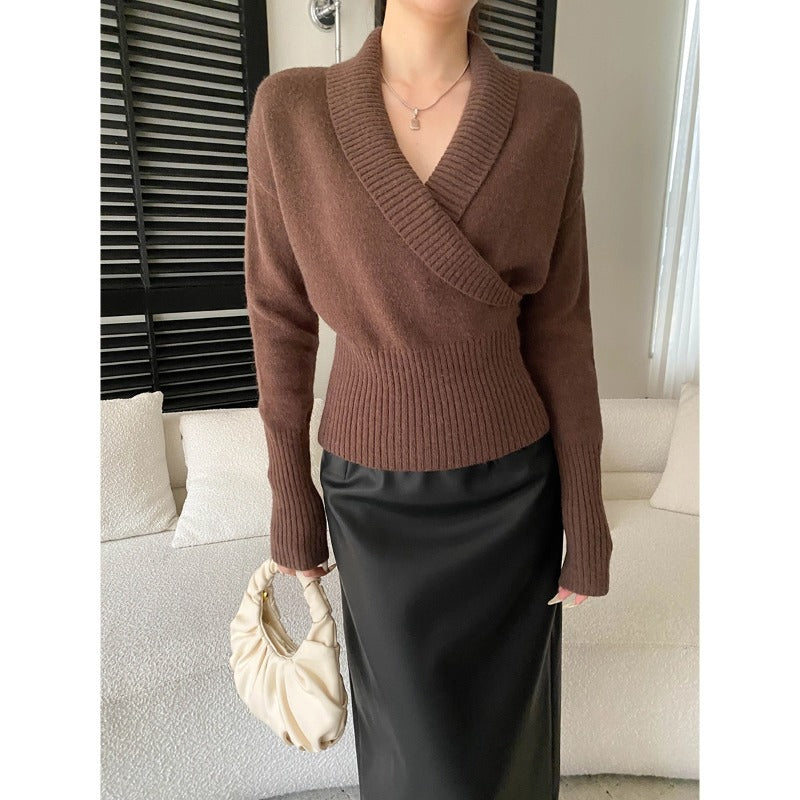 Damen eleganter Wickelpullover mit breitem Rippbund Drune