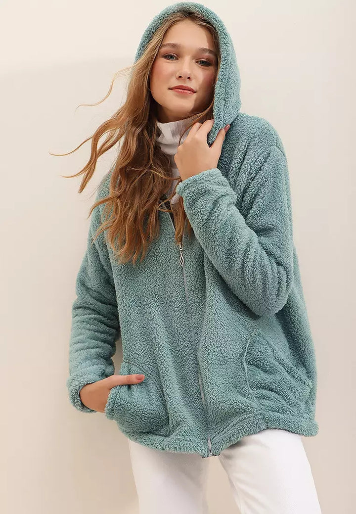 Damen kuschelige Fleecejacke mit Kapuze und Doppelreißverschluss Drune