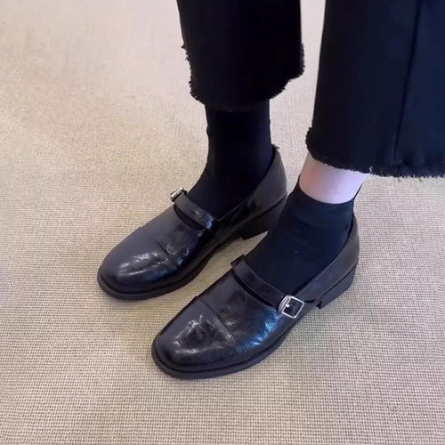 Damen Flache Leder‑Mary‑Jane‑Loafer mit verstellbarer Metallschnalle Drune