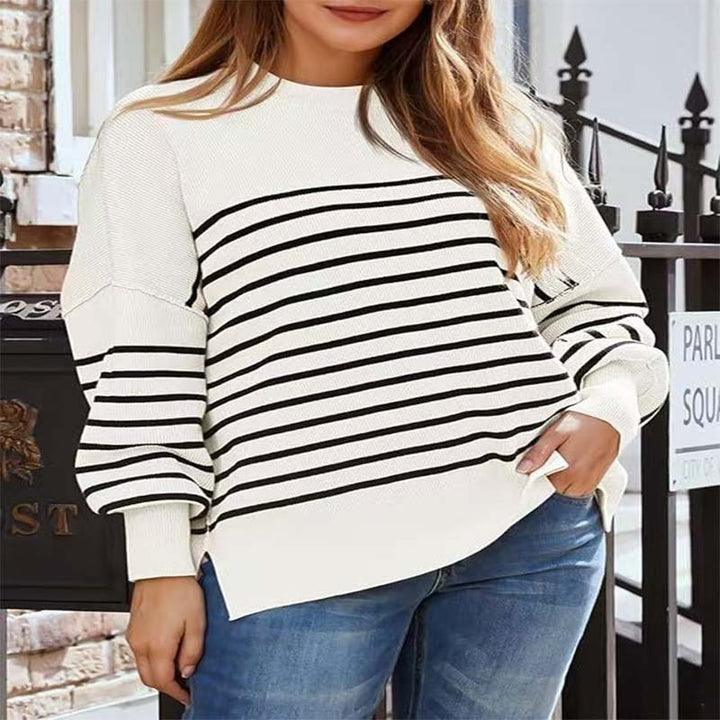 Damen lässiger Strickpullunder mit breiten Streifen und überschnittenen Schultern Drune