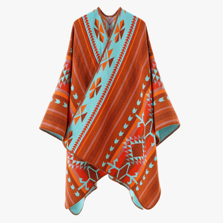 Damen Weicher Jacquard‑Strickponcho mit geometrischem Muster und Ziernaht Drune