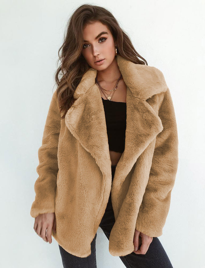 Damen Kuscheliger Oversized Kunstpelz-Mantel mit großem Reverskragen Drune