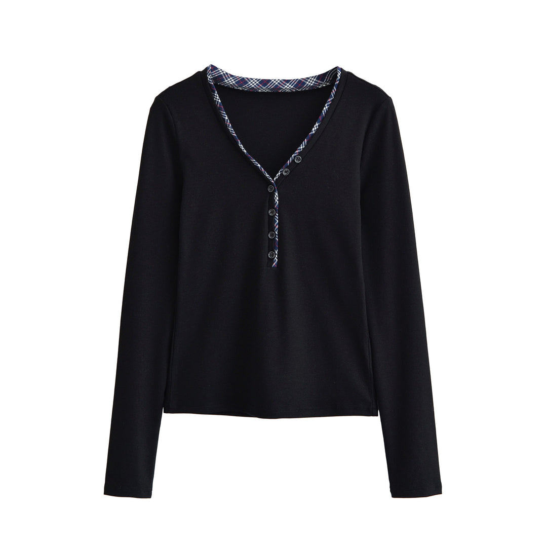 Damen Langarmshirt mit V-Ausschnitt, Knopfleiste und Karobesatz Drune