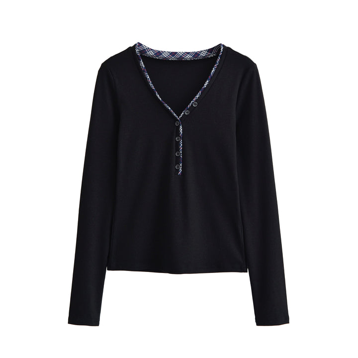 Damen Langarmshirt mit V-Ausschnitt, Knopfleiste und Karobesatz Drune