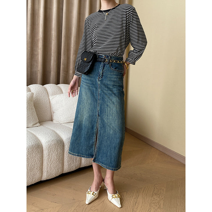 Damen lässiges gestreiftes Langarmshirt mit Rundhalsausschnitt und bequemer Passform Drune