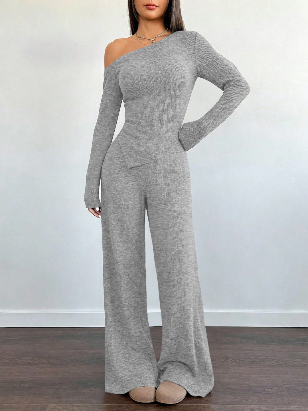 Damen Asymmetrisches Strick-Lounge-Set mit One-Shoulder-Oberteil und weitem Bein Drune
