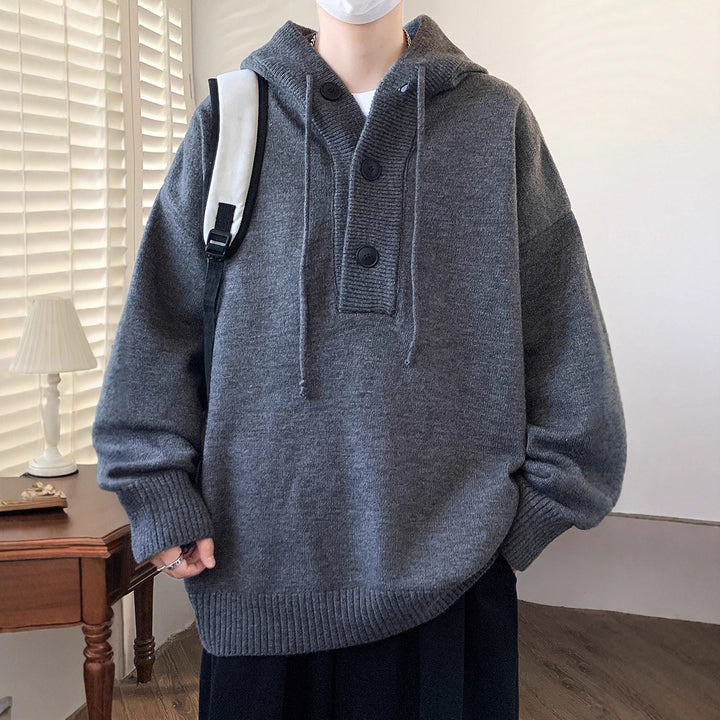 Unisex Oversize Strick-Hoodie mit Halbknopfblende und Rippbündchen Drune