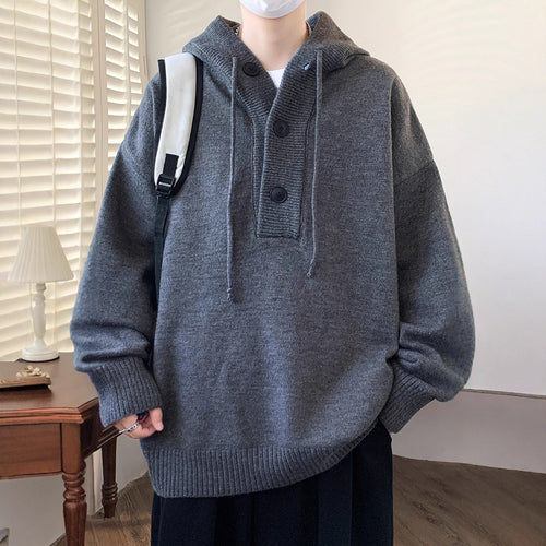 Unisex Oversize Strick-Hoodie mit Halbknopfblende und Rippbündchen Drune