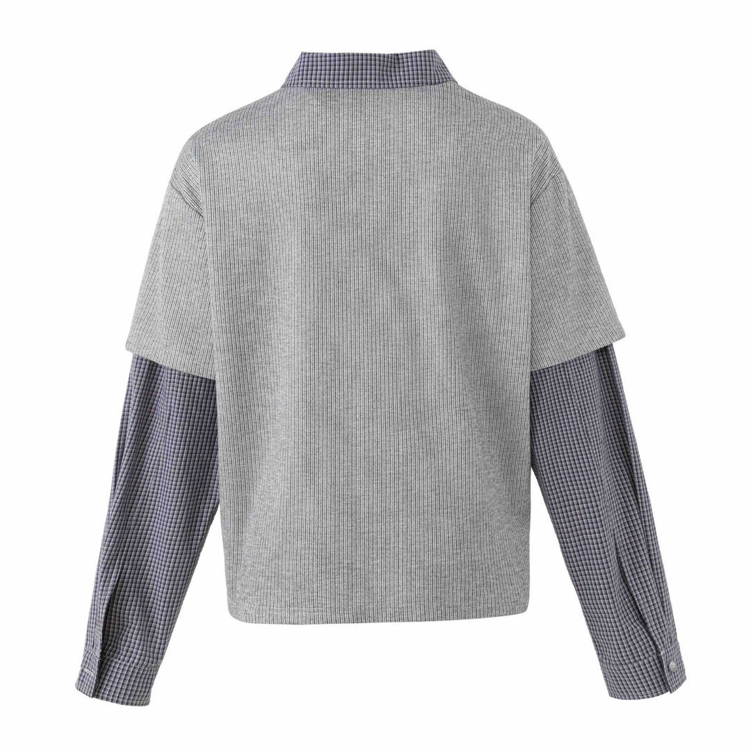 Unisex Lagenlook Strick-Poloshirt mit karierter Einsatzärmeln und Statement-Print Drune