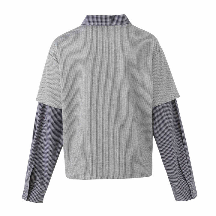 Unisex Lagenlook Strick-Poloshirt mit karierter Einsatzärmeln und Statement-Print Drune