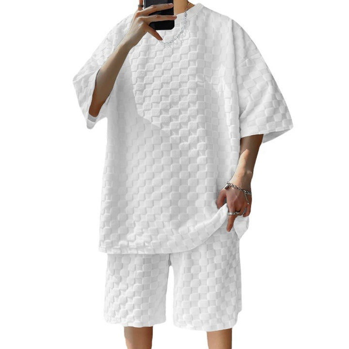 Herren nan oversized Lounge-Set mit strukturierter Waffel-Karo-Optik, Kurzarmshirt und Bermuda-Shorts Drune