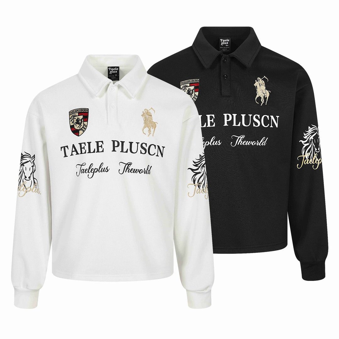 Unisex Langärmeliges Rugby-Poloshirt mit Stickereien und Kentkragen Drune