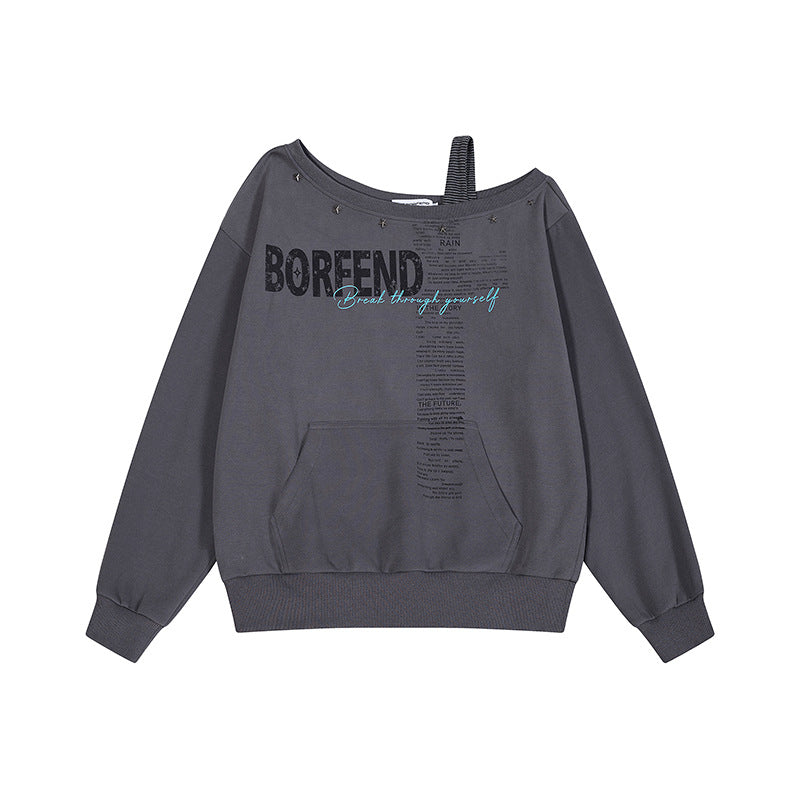 Damen Oversize-Sweatshirt mit asymmetrischem One-Shoulder-Träger, Kängurutasche und Nieten Drune