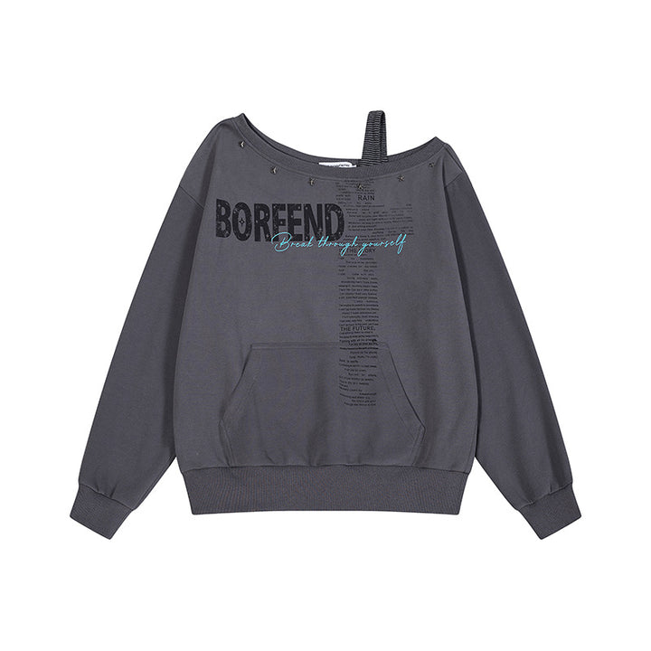 Damen Oversize-Sweatshirt mit asymmetrischem One-Shoulder-Träger, Kängurutasche und Nieten Drune