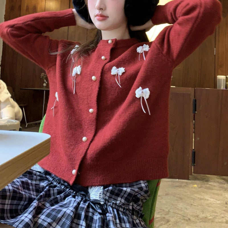 Damen Kawaii Strickjacke mit dekorativen Schleifen und Perlen Drune