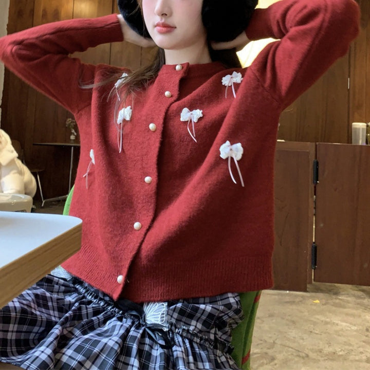 Damen Kawaii Strickjacke mit dekorativen Schleifen und Perlen Drune