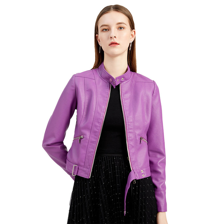 Damen nan kurze taillierte Kunstlederjacke im Racer-Stil mit Stehkragen und Reißverschlusstaschen Drune