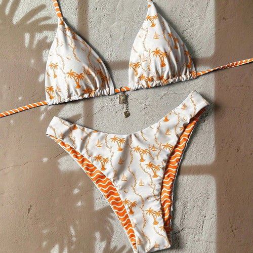 Damen Triangel-Bikini mit tropischem Muster Drune