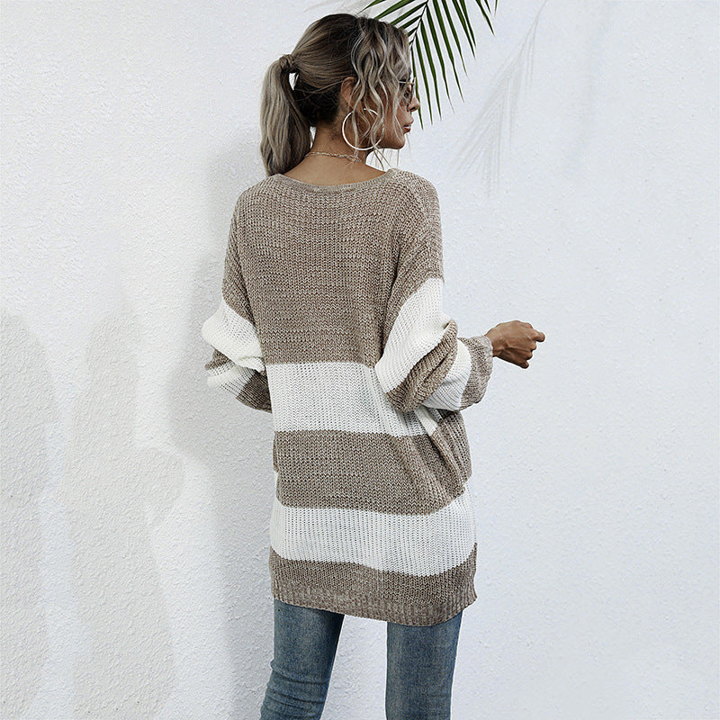 Damen Langer Oversize-Strickpullover mit breiten Blockstreifen und überschnittener Schulter Drune
