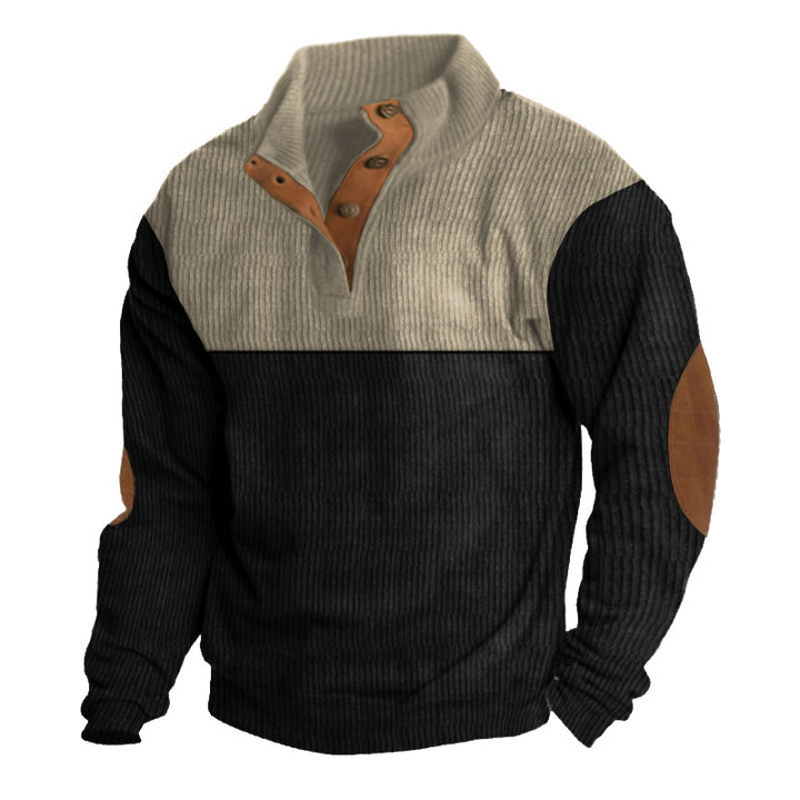 Herren nan strukturiertes Rugby-Pullover mit Stehkragen, Knopfleiste und Leder-Ellenbogenpatches Drune