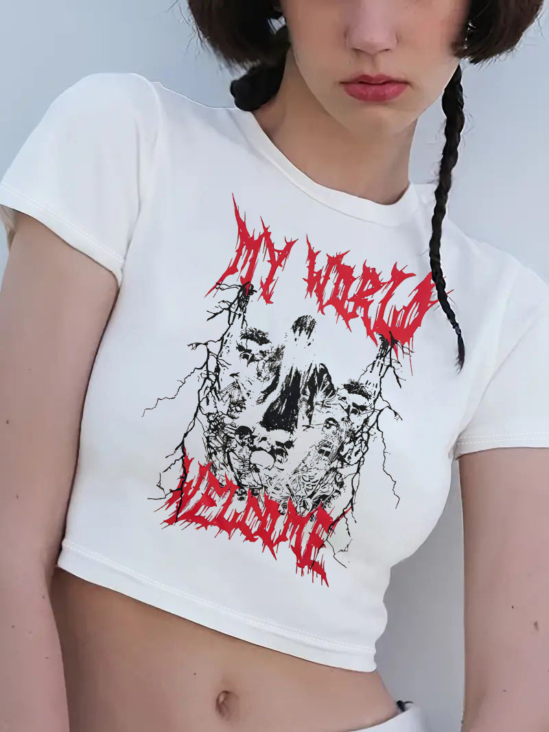 Damen Crop-T-Shirt mit kreativem Skelettdesign und inspirierendem Schriftzug Drune