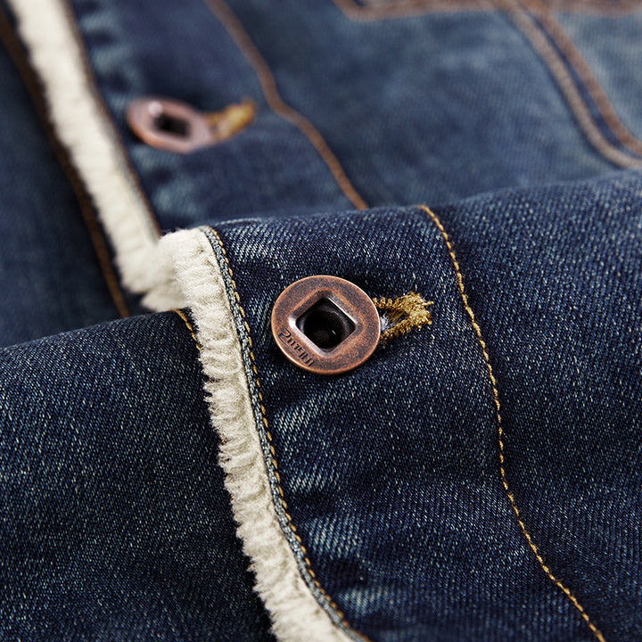 Herren Jeansjacke im Worker‑Look mit Stehkragen, Brustpattentaschen und Ziernähten Drune