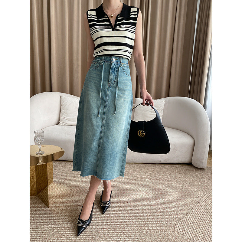 Damen Midi-Jeansrock mit verstellbarem Taillenband und seitlichen Eingrifftaschen Drune