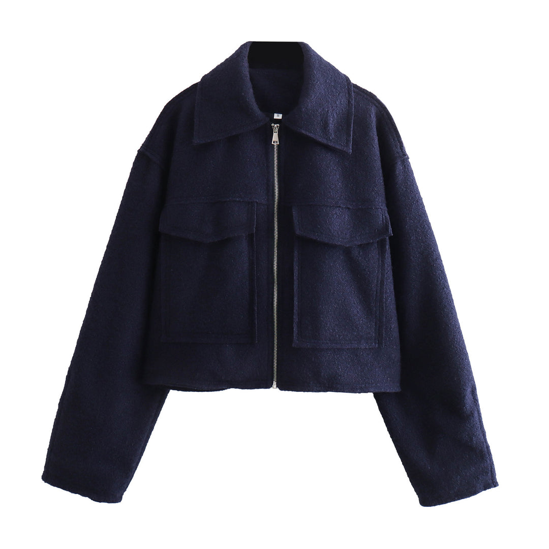 Damen Kurze Bouclé‑Jacke im Boxy‑Cut mit Reißverschluss und Pattentaschen Drune
