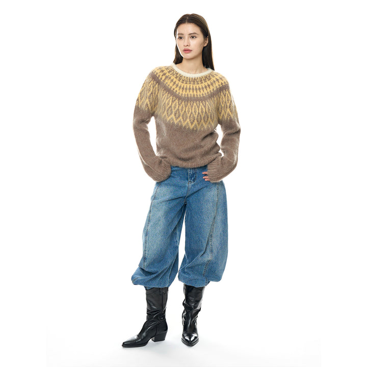 Damen Rundhals-Pullover mit Norweger-Jacquard und Mohair-Optik Drune