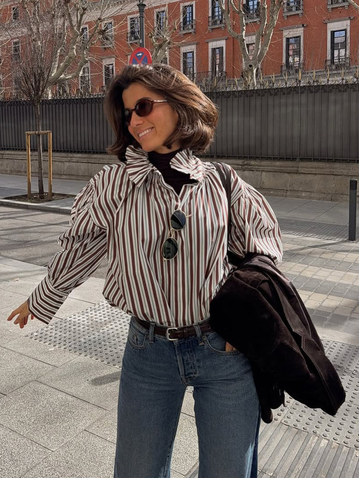 Damen Gestreifte Oversized-Bluse mit Rüschkragen & voluminösen Puffärmeln Drune