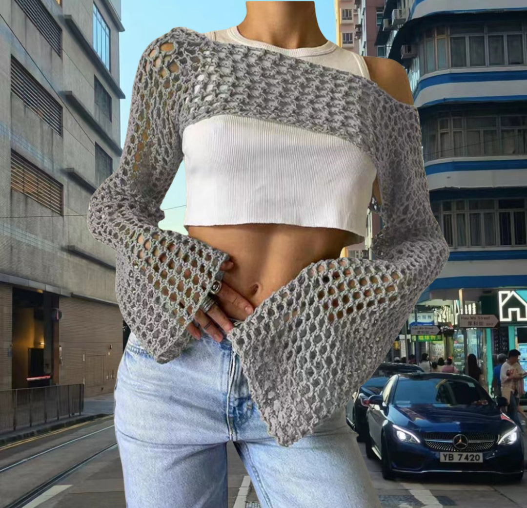 Damen Häkel-Oberteil mit offenen Maschen und weitem Arm Drune