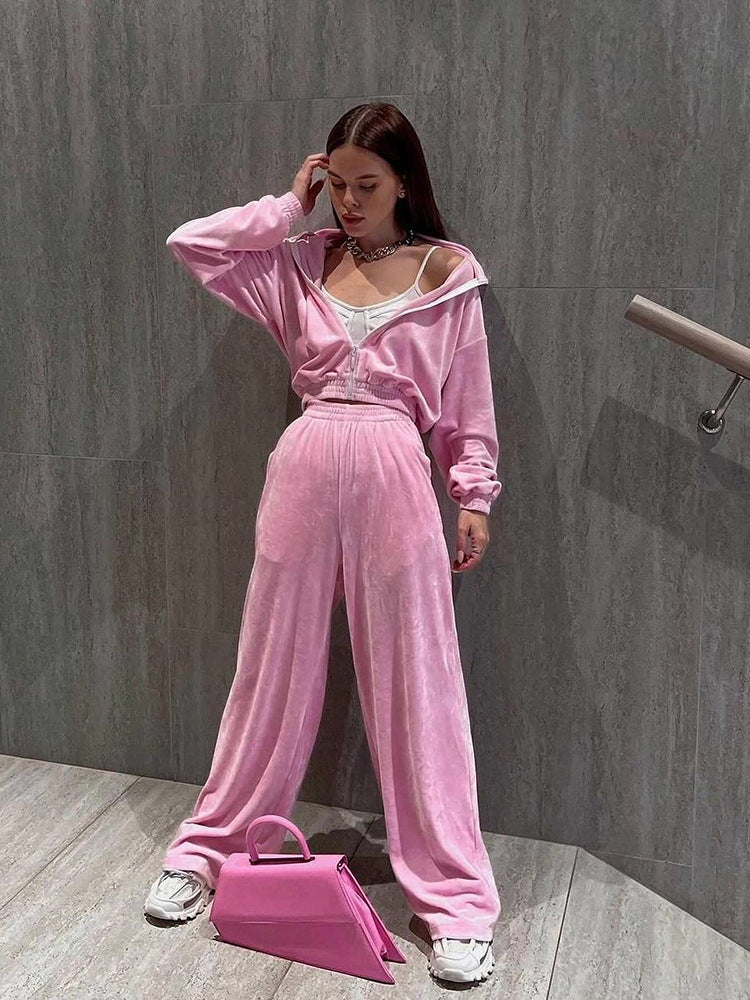Damen luxuriöses Velours Lounge-Set mit kurzem Reißverschlussjacke und hochtaillierter Gummibund-Jogger Drune