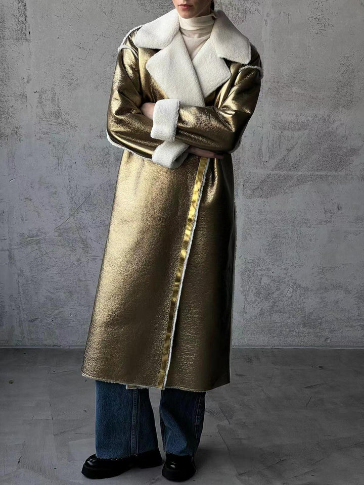 Damen Longline-Mantel aus Metallic‑Material mit Teddyfutter und überschnittener Schulter Drune