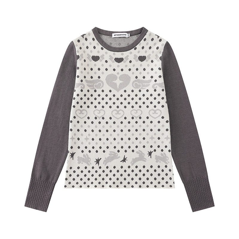 Damen Feinstrick-Pullover mit Jacquard-Motiv, Rundhalsausschnitt und Kontrastärmeln Drune