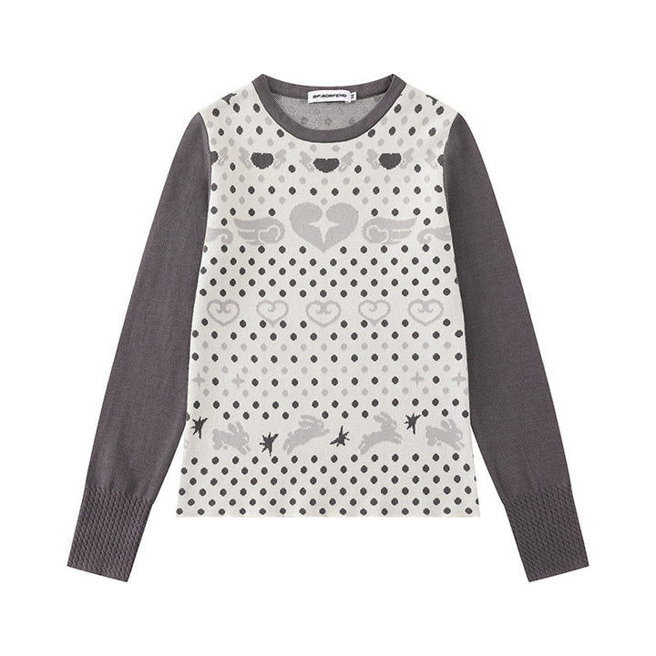 Damen Feinstrick-Pullover mit Jacquard-Motiv, Rundhalsausschnitt und Kontrastärmeln Drune