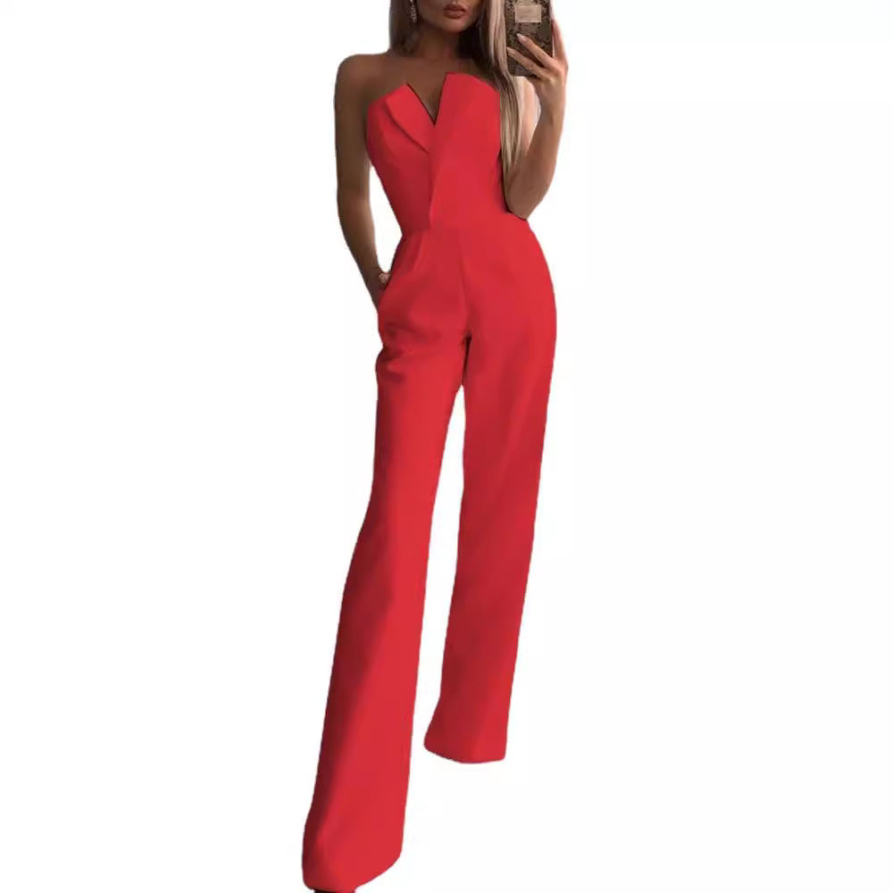 Damen Eleganter Jumpsuit mit tiefem V-Ausschnitt und weitem Bein Drune