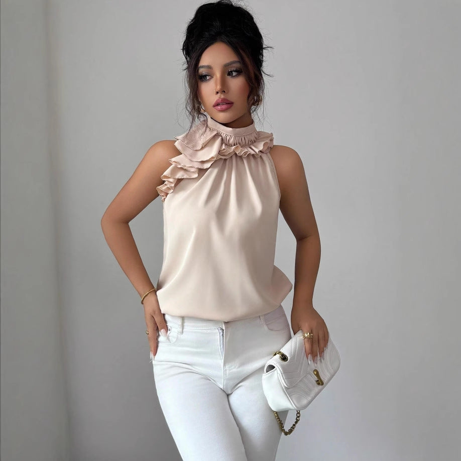 Damen Hochgeschlossenes Chiffon-Top mit Rüschenkragen und asymmetrischem Volant Drune